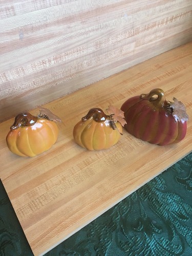 Pumpkin Figurines Set Of 3 Ceramic Metal Leaves 4.5, 5.5” Tall Thanksgiving Fall