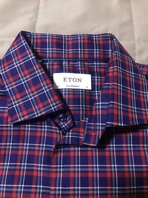 NEW Eton Of Sweden Contemporary Fit Plaid Dress Shirt- Red / Navy - Size 41 / 16