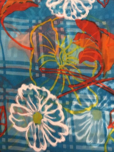 3 yd VTG Semi Sheer Fabric Multicolor flowers Blue Plaid White Daisy Orange Leaf