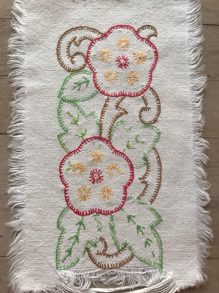 Vintage Hand Embroidered Linen Scraps Bright Blanket Stitch Flowers