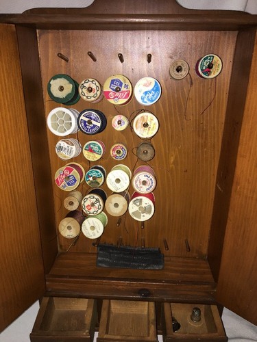 VINTAGE WOOD WALL MOUNT SPOOL CABINET WITH DRAWERS