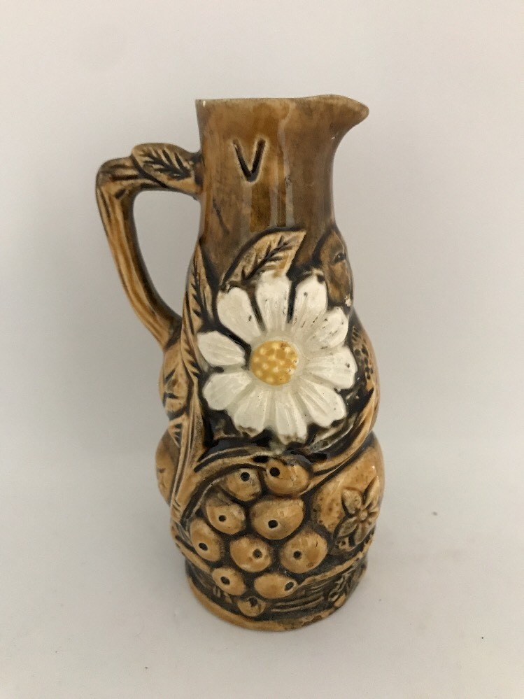 VASE JAPAN 5 1/2” Pitcher with Fruit & Flower Raised Design Excellent Condition