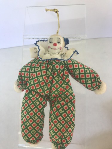 VINTAGE 1985 ENESCO set of 2 clown ornaments porcelain heads 6.5 