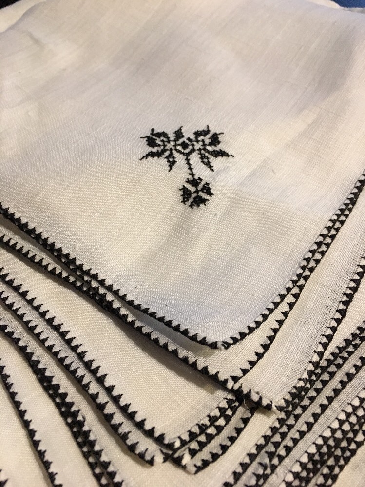 Eastern European Table Cover 8 Dinner Napkins  Black Cross Stitched Crocheted*
