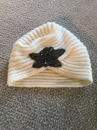 Off White Turban Hat Black Sparkle Flower