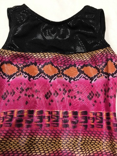 GK Elite Leotard Girls sz Child XS, CXS Black Metallic foil Snake Skin colorful