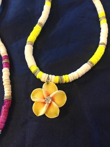 3-Puka Shell Tropical Floral Rhinestone Center-Pink, Yellow & Fuchsia Necklaces