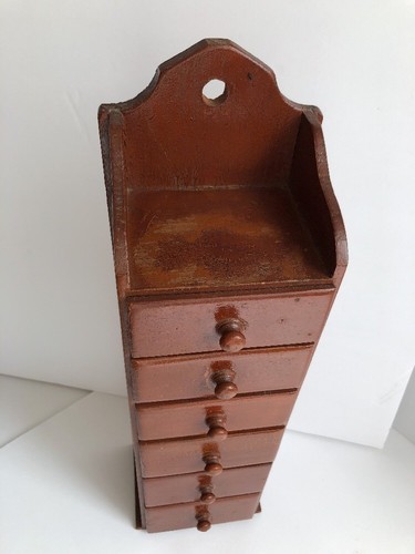 Vintage Primitive Wood Apothecary Spice 6 Drawer Wall Cabinet Box Wooden Pine