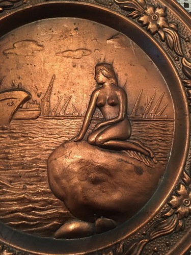 Vintage metal bronze Look wall decor plate Mermaid In Harbour Nautical