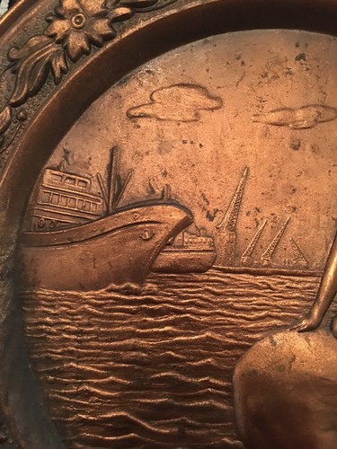 Vintage metal bronze Look wall decor plate Mermaid In Harbour Nautical
