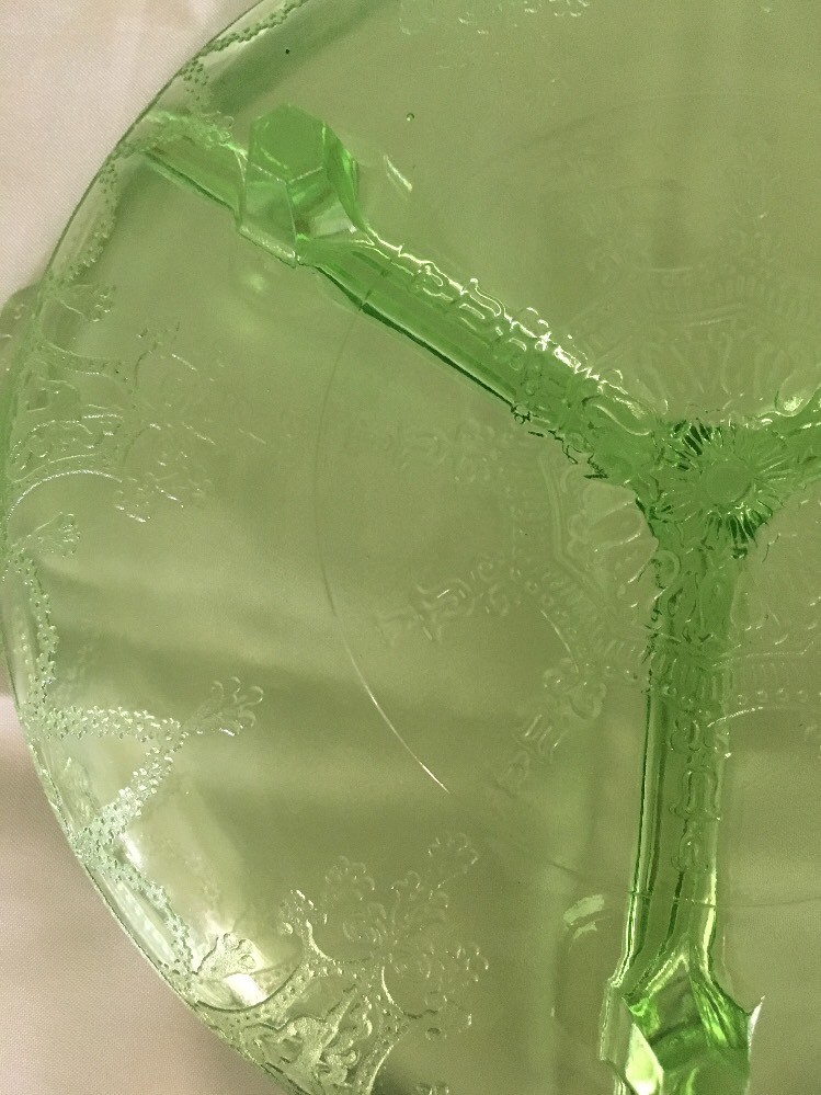 Rare Vintage Green Sectional Round Glass Footed Handled Bowl