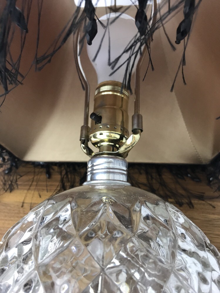 Vtg Antique Art Deco Crystal Cut Glass Table Lamp Burgundy Black Beaded Fringe