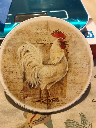 Lot of 4 Rooster Coasters Porcelain with cork bottoms /includes wooden stand