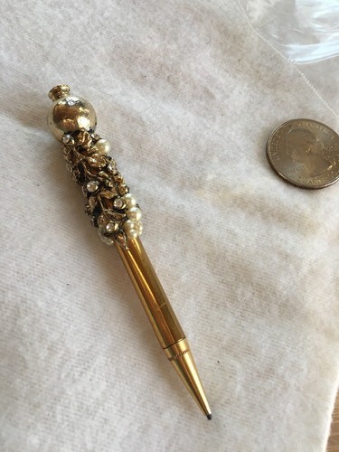 Vintage Ornate Raised Metal Faux Pearls Mechanical Lead Pencil Gold Tone