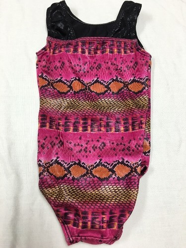 GK Elite Leotard Girls sz Child XS, CXS Black Metallic foil Snake Skin colorful