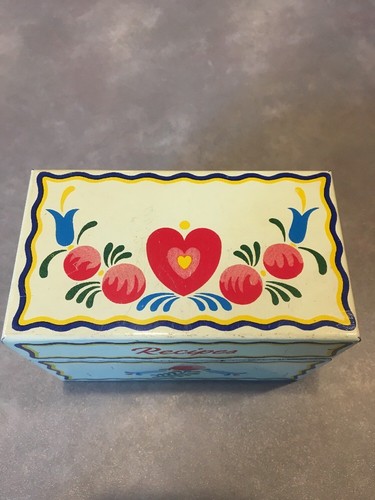 Vintage Tin Floral White Pink & Blue Floral  Ohio Art Co Recipe Box