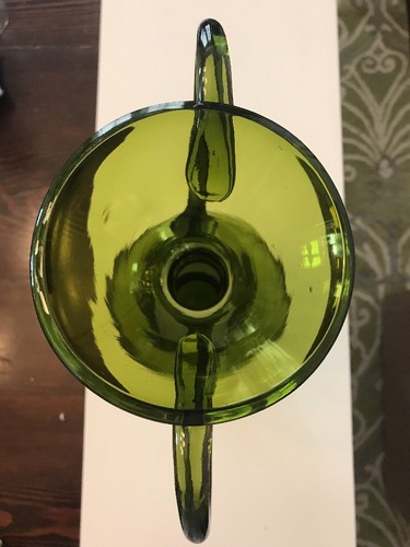 Large Vintage Blown Glass Olive Green Vase With Double Handle