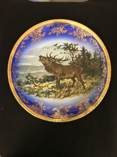 VINTAGE HAND PAINTED ELK CHARGER PLATE BLUE GOLD TONE GILT BAREUTHER WALDSASSEN