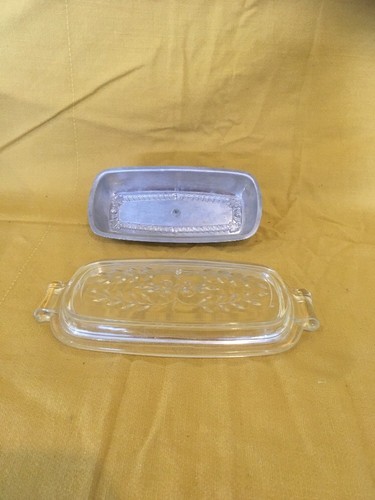 Vintage Butter Dish, Glass Tray two handles with Covered aluminum lid    H
