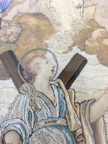 Antique English Silk Embroidered Painting Needlework Picture Cherubs Cross Lady