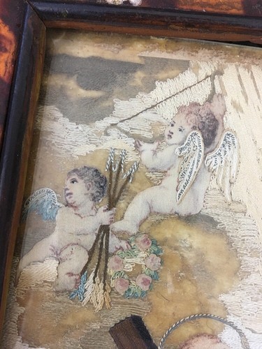 Antique English Silk Embroidered Painting Needlework Picture Cherubs Cross Lady