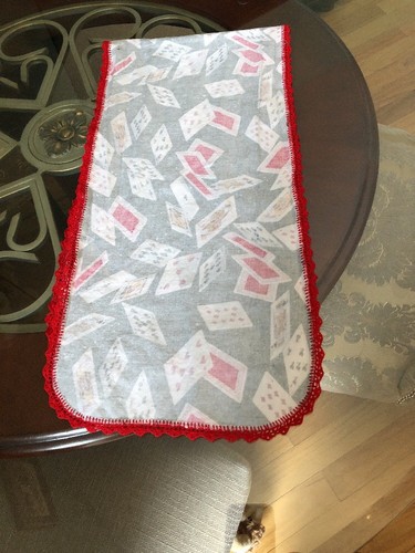 Handmade table runner /crocheted edging / deck of cards Print.Measures 11” x 43”