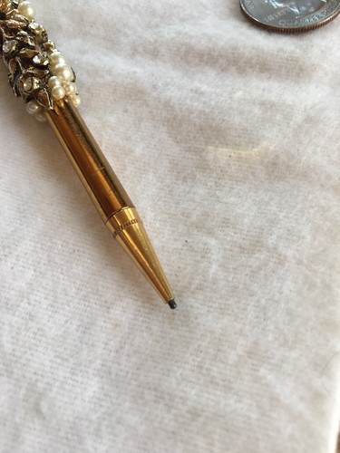 Vintage Ornate Raised Metal Faux Pearls Mechanical Lead Pencil Gold Tone