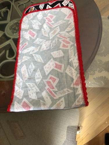 Handmade table runner /crocheted edging / deck of cards Print.Measures 11” x 43”