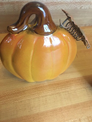 Pumpkin Figurines Set Of 3 Ceramic Metal Leaves 4.5, 5.5” Tall Thanksgiving Fall