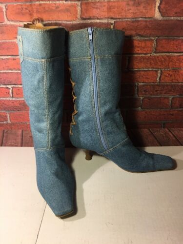 Vintage Late 80's-90's All Denim W/ Tan Leather Lace-up Boots Woman Size 9M Low