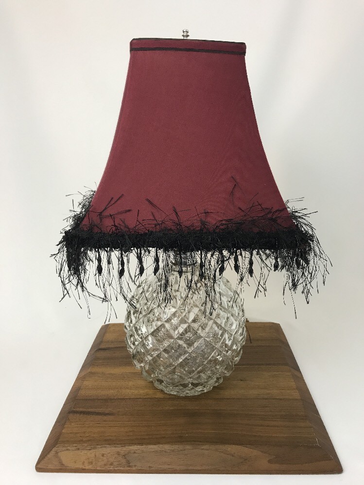 Vtg Antique Art Deco Crystal Cut Glass Table Lamp Burgundy Black Beaded Fringe