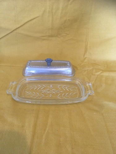 Vintage Butter Dish, Glass Tray two handles with Covered aluminum lid    H