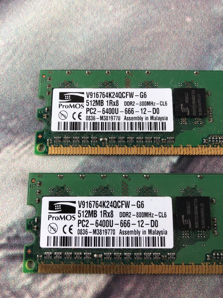 (2) Promos pc2-6400u-666-12-d0 512MB V916764K24QCFW-G6 1GB Total