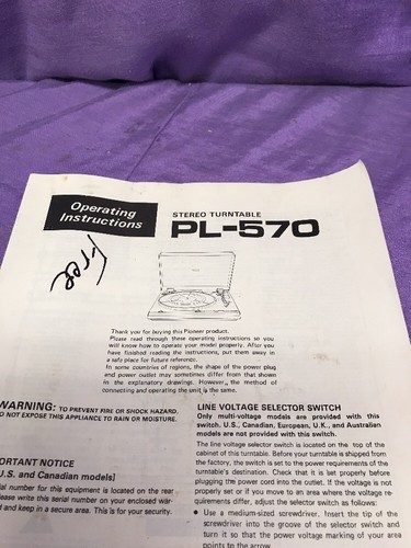 Vintage Pioneer Pl – 570 Turntable Owners Manual Operating Instructions.