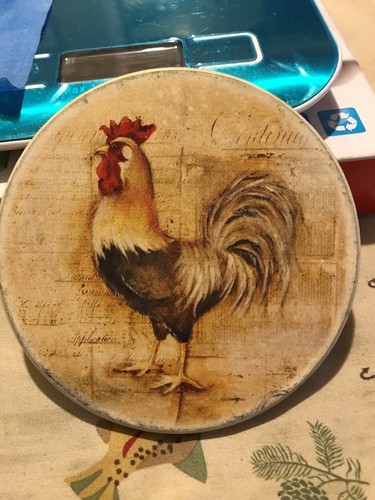 Lot of 4 Rooster Coasters Porcelain with cork bottoms /includes wooden stand