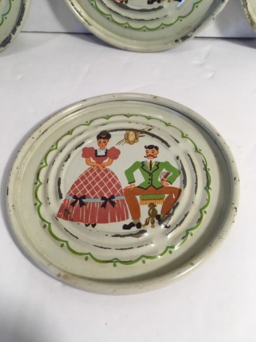 VINTAGE METAL COASTERS SET OF FOUR WOMAN IN HOOP DRESS MAN WITH Moustache CREAM