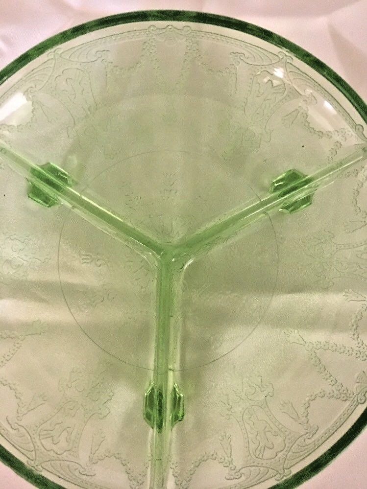 Rare Vintage Green Sectional Round Glass Footed Handled Bowl
