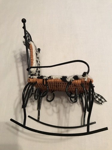 Wrought Iron Bobbie Doll Wicker Rocking Chair W/Crochet Black/White Seat/back