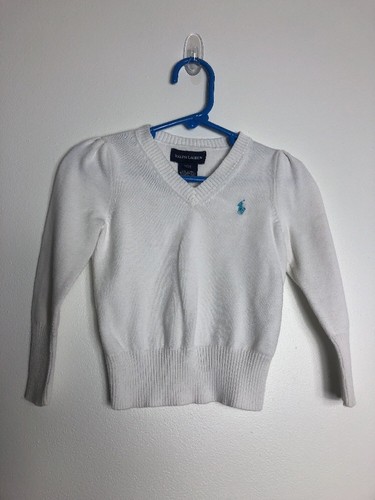 Polo Ralph Lauren Sweater Toddler Girls  White V-Neck Pullover Pony LS EUC