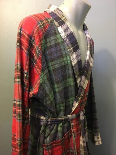 Vtg 90s Red Blue Flannel Bath Robe Plaid Cotton Camp Tartan Belt Bathrobe Lounge