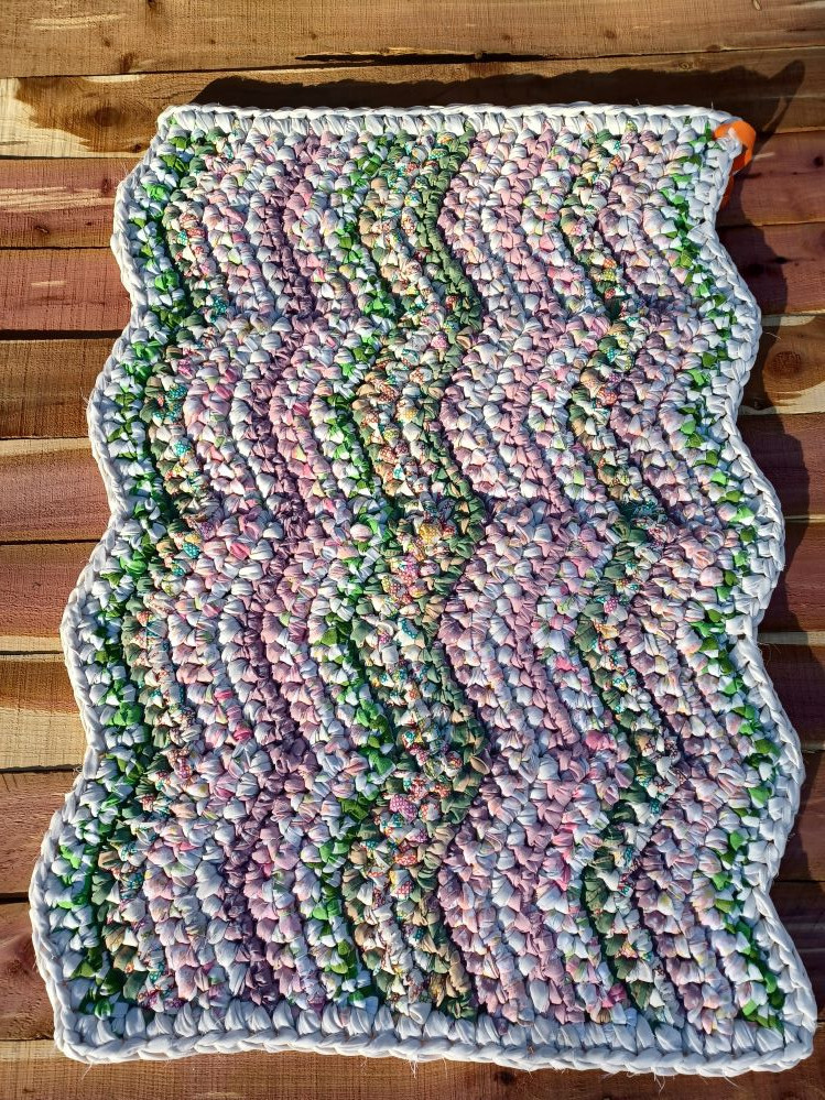 Rag rug rose greens white 32" by 21" washable floor decor handmade