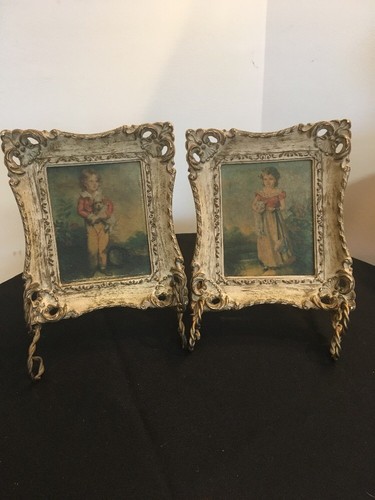Vintage 1940s Children With Pets Shabby Chic Print White Gold Frame