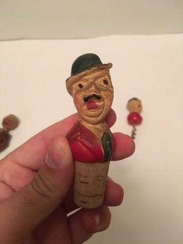 Hand carved wooden  wine bottle stoppers, Corkscrew, & Bottle Opener Vintage