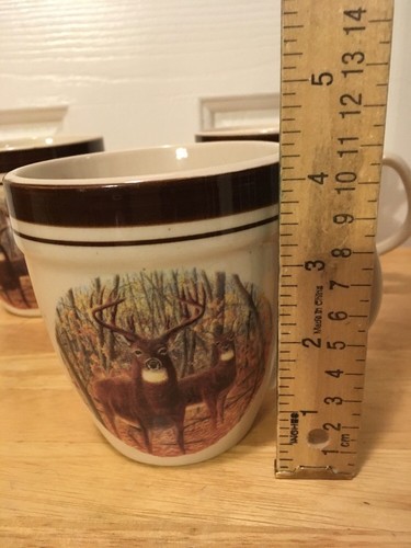 Cabelas Folkcraft Stoneware Whitetail Buck 3 Coffee Mugs Cups Cabin Wildlife Ani