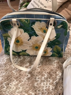 Isabella Fiore Patent  Leather Floral Beaded  Blue Green Cream Handbag  RARE