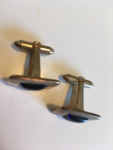 Vintage CUFFLINKS Silver Tone w/ Cobalt Blue Stone MCM