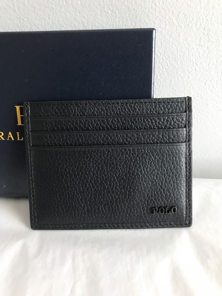 Polo Ralph Lauren Leather Card Case Black  Metal Logo GIFT BOX NIB