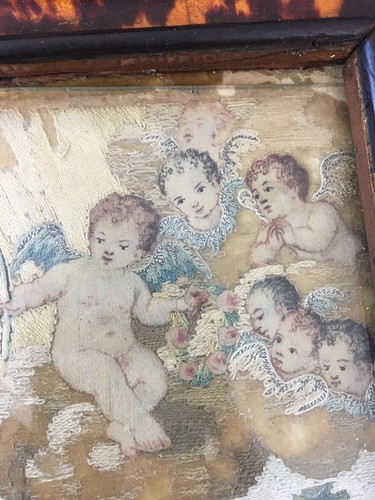 Antique English Silk Embroidered Painting Needlework Picture Cherubs Cross Lady