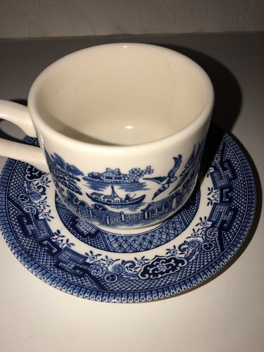 CHURCHILL BLUE WILLOW 3 PIECE SET PLATE CUP and SAUCER IN ORIGINAL BOX
