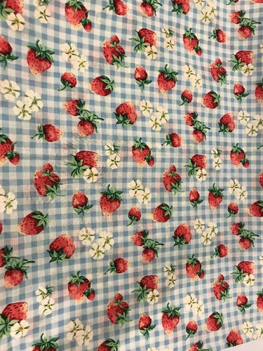 VTG Cotton Gingham Strawberry Fabric Blue White Red 1+ yards Cranston 50 X 44